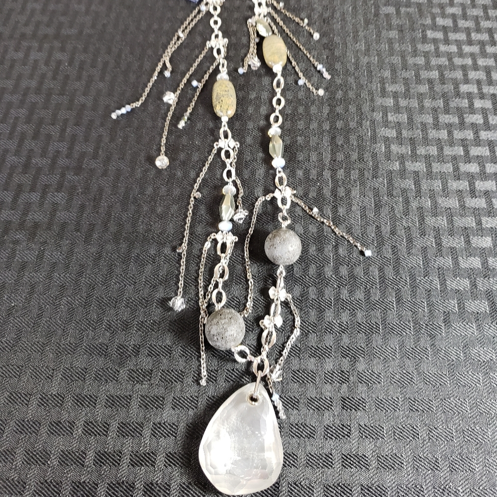 Swarovski Silver Tone Dangle Beads and Large Stone Pendant Necklace Swan Signed